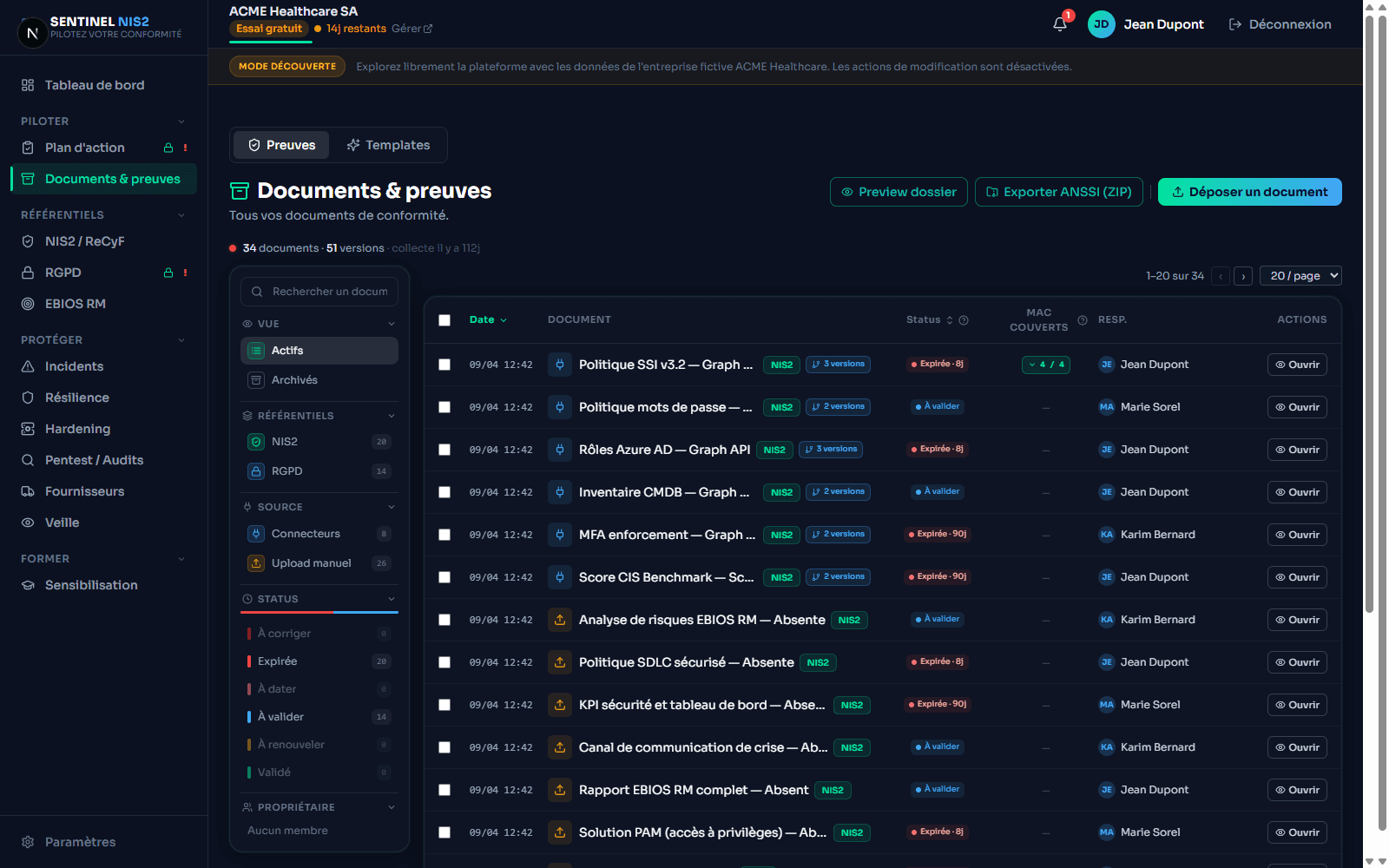 Aperçu Sentinel NIS2 — Intégrité cryptographique